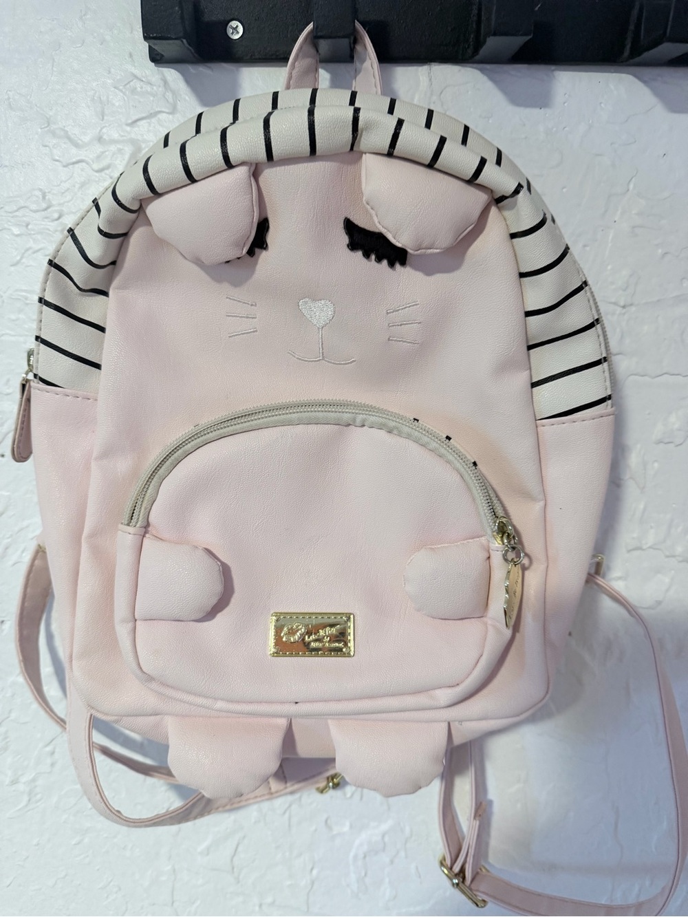 Betsey Johnson Pink Cat Face Backpack with Striped Trim